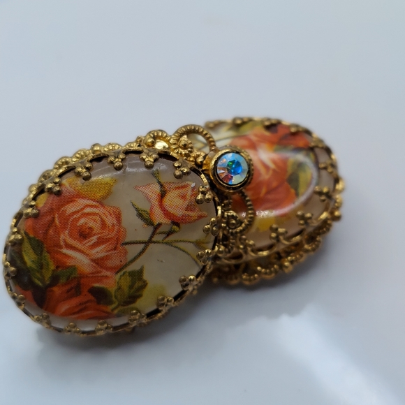 Vintage  W. Germany Handpaint Floral ClipOn Earrings w/ Rhinestone, GC. - Picture 16 of 16